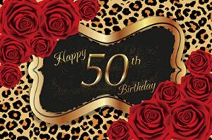 sexy leopard print red rose theme for girl’s woman’s 50th birthday party birthday party photography background, girl party banner dessert table decorated 4x6ft