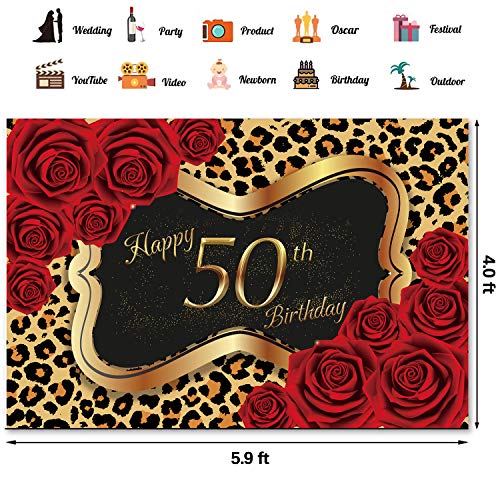 Sexy Leopard Print red Rose Theme for Girl's Woman's 50th Birthday Party Birthday Party Photography Background, Girl Party Banner Dessert Table Decorated 4x6ft