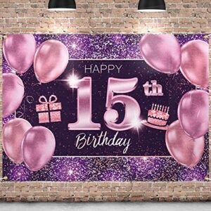 pakboom happy 15th birthday banner backdrop – 15 birthday party decorations supplies for girl – pink purple gold 4 x 6ft