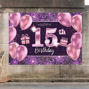 PAKBOOM Happy 15th Birthday Banner Backdrop - 15 Birthday Party Decorations Supplies for Girl - Pink Purple Gold 4 x 6ft