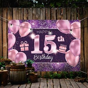 PAKBOOM Happy 15th Birthday Banner Backdrop - 15 Birthday Party Decorations Supplies for Girl - Pink Purple Gold 4 x 6ft