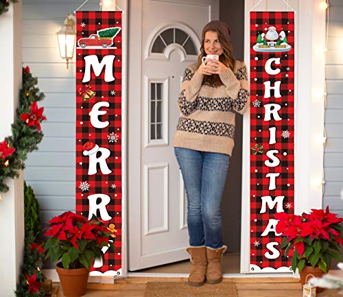 Trooer Christmas Porch Sign, Merry Christmas Banner for Outside Indoor Outdoor Christmas Decorations New Year Black Red Buffalo Plaid Hanging Banners Sign for Holiday Party Supplies Home Welcome