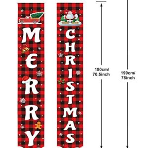 Trooer Christmas Porch Sign, Merry Christmas Banner for Outside Indoor Outdoor Christmas Decorations New Year Black Red Buffalo Plaid Hanging Banners Sign for Holiday Party Supplies Home Welcome