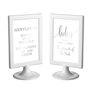 andaz press framed wedding party signs, metallic silver ink, 4×6-inch, 2-pack, ladies gentlemen please help yourself compliment of the bride groom bathroom basket signs, double-sided, decorations