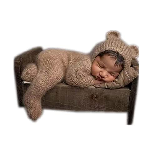 Vemonllas Newborn Photography Props Boys Girls Outfits Mohair Bear Hat Bonnet & Footed Romper Bodysuit Photoshoot Costume Set (Camel)