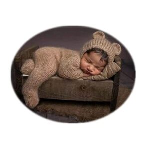 Vemonllas Newborn Photography Props Boys Girls Outfits Mohair Bear Hat Bonnet & Footed Romper Bodysuit Photoshoot Costume Set (Camel)