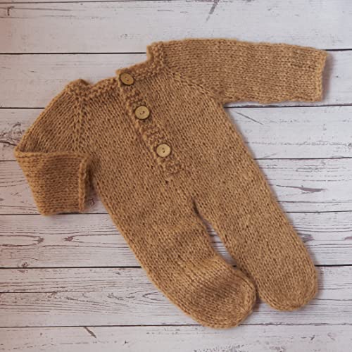 Vemonllas Newborn Photography Props Boys Girls Outfits Mohair Bear Hat Bonnet & Footed Romper Bodysuit Photoshoot Costume Set (Camel)