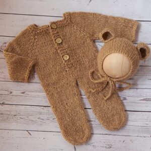 Vemonllas Newborn Photography Props Boys Girls Outfits Mohair Bear Hat Bonnet & Footed Romper Bodysuit Photoshoot Costume Set (Camel)