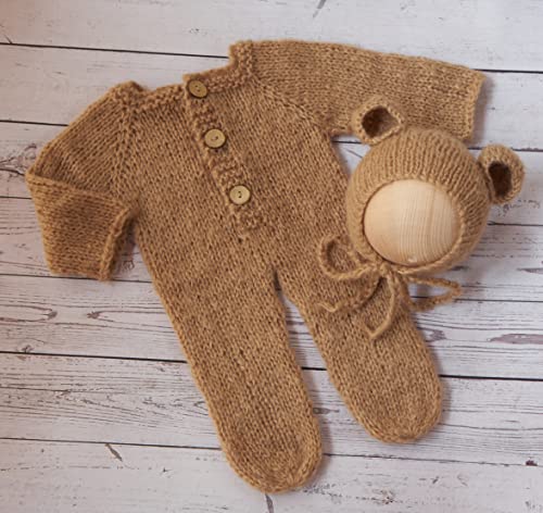 Vemonllas Newborn Photography Props Boys Girls Outfits Mohair Bear Hat Bonnet & Footed Romper Bodysuit Photoshoot Costume Set (Camel)