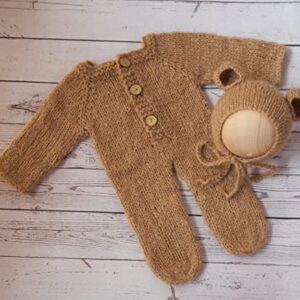 Vemonllas Newborn Photography Props Boys Girls Outfits Mohair Bear Hat Bonnet & Footed Romper Bodysuit Photoshoot Costume Set (Camel)