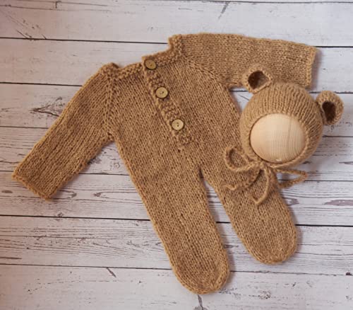 Vemonllas Newborn Photography Props Boys Girls Outfits Mohair Bear Hat Bonnet & Footed Romper Bodysuit Photoshoot Costume Set (Camel)