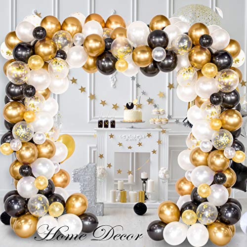 Whaline Balloon Arch & Garland Kit, 120Pcs Black, White, Gold Confetti and Metal Latex Balloons with 1pcs Tying Tool, Balloon Strip Tape for Graduation, Wedding, Birthday Decor