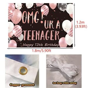13th Birthday Backdrop Banner, OMG UR a Teenager 13th Birthday Photography Background Black and Rose Gold, 13 Year Old Girls Birthday Party Backdrop Poster Fabric 5x4ft