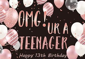 13th birthday backdrop banner, omg ur a teenager 13th birthday photography background black and rose gold, 13 year old girls birthday party backdrop poster fabric 5x4ft