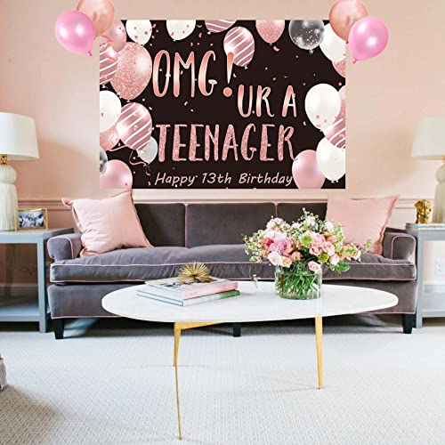 13th Birthday Backdrop Banner, OMG UR a Teenager 13th Birthday Photography Background Black and Rose Gold, 13 Year Old Girls Birthday Party Backdrop Poster Fabric 5x4ft
