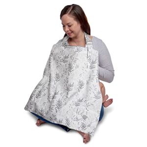 boppy nursing cover for breastfeeding | gray fern | apron style with compact integrated storage pocket | neckline to see baby while feeding for nursing mother