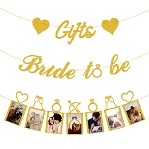 concico bridal shower decorations – gifts bride to be banner and photo banner for bridal shower/wedding/engagement party kit supplies decorations decor(gold)