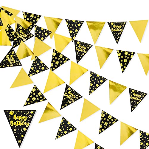 40Ft Black Gold Happy Birthday Decorations Happy Birthday Banner Bunting Triangle Flag Pennant Garland Streamer Backdrop for Boys Men 13th 16th 21st 30th 40th 50th 60th Happy Birthday Party Supplies