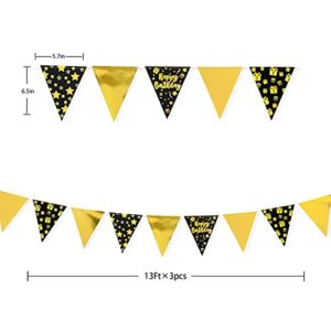 40Ft Black Gold Happy Birthday Decorations Happy Birthday Banner Bunting Triangle Flag Pennant Garland Streamer Backdrop for Boys Men 13th 16th 21st 30th 40th 50th 60th Happy Birthday Party Supplies