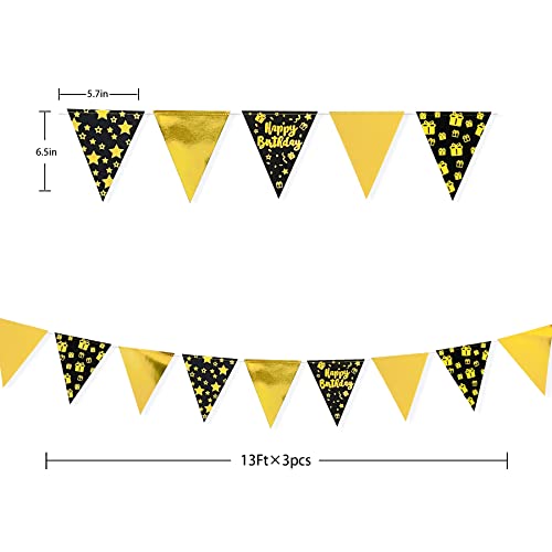 40Ft Black Gold Happy Birthday Decorations Happy Birthday Banner Bunting Triangle Flag Pennant Garland Streamer Backdrop for Boys Men 13th 16th 21st 30th 40th 50th 60th Happy Birthday Party Supplies