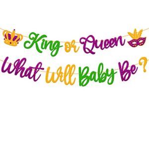 king or queen what will baby be banner mardi gras gender reveal decoration carnival fleur de lis shrove fat tuesday new orleans masquerade theme baby shower party supplies