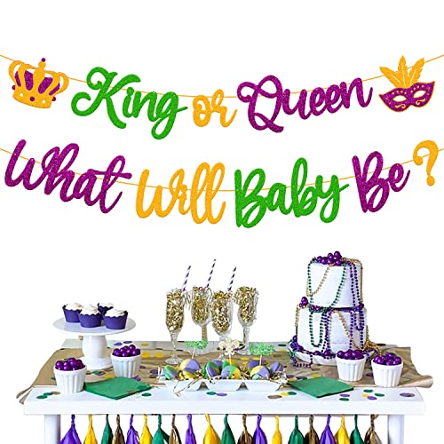 King Or Queen What Will Baby Be Banner Mardi Gras Gender Reveal Decoration Carnival Fleur De Lis Shrove Fat Tuesday New Orleans Masquerade Theme Baby Shower Party Supplies