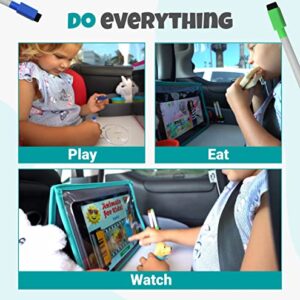 Kids Travel Tray with Dry Erase Board, Car Seat Tray for Food & Play Activity, Carseat Table Trays for Toddler, Kid Activity Desk for Air Travel, No-Drop Tablet Holder & Borders (Grey with Blue Frame)