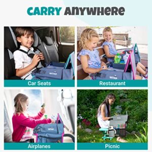 Kids Travel Tray with Dry Erase Board, Car Seat Tray for Food & Play Activity, Carseat Table Trays for Toddler, Kid Activity Desk for Air Travel, No-Drop Tablet Holder & Borders (Grey with Blue Frame)