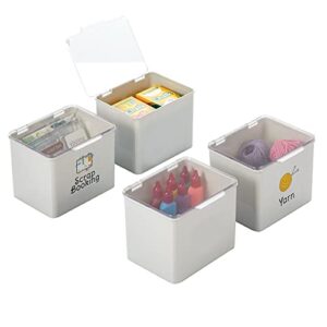 mdesign stackable plastic craft, sewing, crochet storage container box with lid – compact organizer and holder for thread, beads, ribbon, glitter, clay – 4 pack, includes 32 labels – light gray/clear