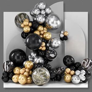 partywoo 140 pcs black and gold balloon arch kit, black and gold balloons garland with 4d marble balloons, chrome metallic silver balloons, star garland for birthday decorations, retirement party
