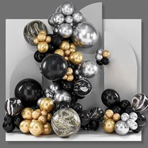 PartyWoo 140 pcs Black and Gold Balloon Arch Kit, Black and Gold Balloons Garland with 4D Marble Balloons, Chrome Metallic Silver Balloons, Star Garland for Birthday Decorations, Retirement Party