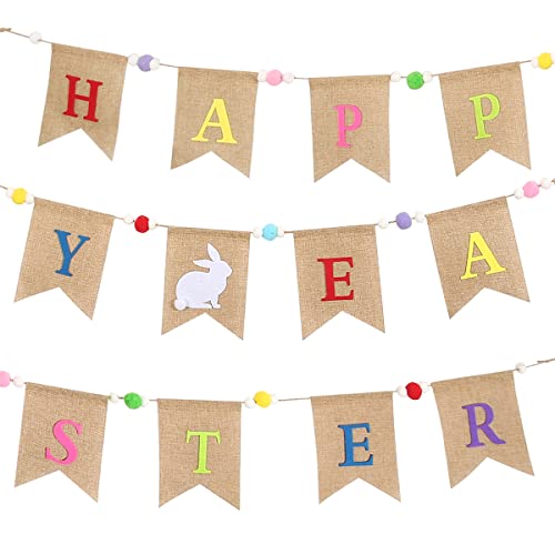 Happy Easter burlap banner decoration,Easter decorative garland,Easter decor bunny sign,Easter décor For party, Easter Bunny Banner Gift for Kids hung on the wall outside