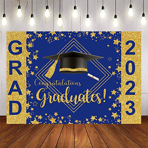 Avezano Graduation Backdrops Blue and Gold Congrats Grad Party Background Decorations Class of 2023 Graduation Party Banner Supplies Photo Booth Props(7x5ft)