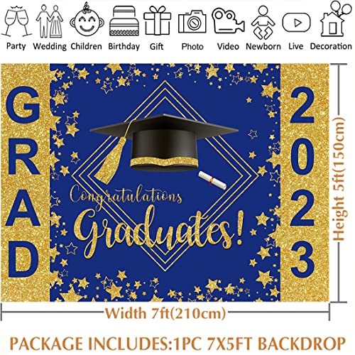 Avezano Graduation Backdrops Blue and Gold Congrats Grad Party Background Decorations Class of 2023 Graduation Party Banner Supplies Photo Booth Props(7x5ft)