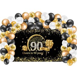 kauayurk 90th birthday banner backdrop decorations & balloon garland arch kit for men women, gold extra large cheers to 90 years birthday party supplies, ninety birthday poster photo booth