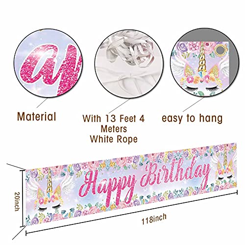 HENGFU Large Indoor Outdoor Rainbow Unicorn Happy Birthday Party Decoration Banner Yard Sign Watercolor Flower Backdrops For Princess Cake Table Photo Background Supplies 118'' x 20''