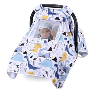 car seat covers for babies, baby car seat cover for girls boys, kick-proof newborn carrier canopy with breathable mesh peep window, windproof stretchy stroller canopy(dinosaur)