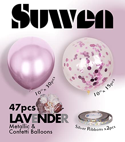 SUWEN Metallic Lavender Balloons and Confetti Balloons Set 47PCS Latex Helium Chrome Light Purple Balloon for Birthday Anniversary Party Decorations