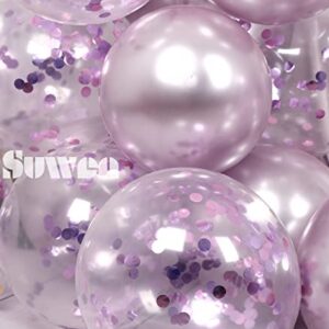 SUWEN Metallic Lavender Balloons and Confetti Balloons Set 47PCS Latex Helium Chrome Light Purple Balloon for Birthday Anniversary Party Decorations