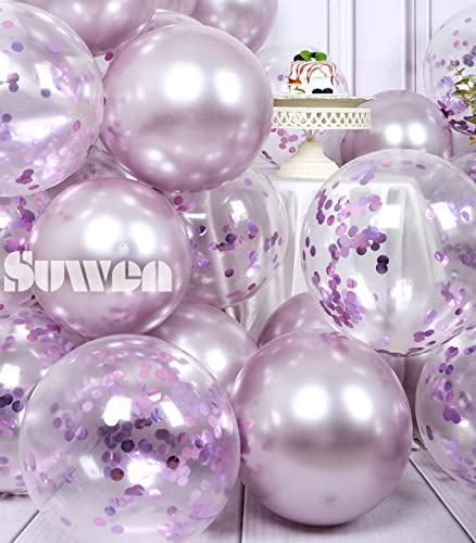 SUWEN Metallic Lavender Balloons and Confetti Balloons Set 47PCS Latex Helium Chrome Light Purple Balloon for Birthday Anniversary Party Decorations