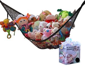 miniowls toy storage hammock – organizational stuffed animal net for play room or bedroom. fits 30-40 plushies. comes in a gift box. (black, x-large)