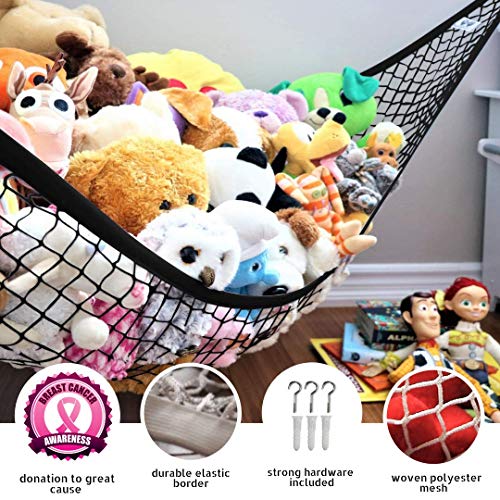 MiniOwls Toy Storage Hammock - Organizational Stuffed Animal Net for Play Room or Bedroom. Fits 30-40 Plushies. Comes in a Gift Box. (Black, X-Large)