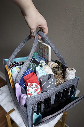 Premium Craft Supplies Storage Organizer with Zipper Pocket | Yarn & Knitting Caddy | Planner Tote | Customizable Compartment | Organize Tape, Needle, Scissors in Zipper Pocket