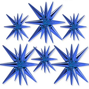 partywoo dark blue star balloons 6 pcs, one-piece 14-pointed starburst balloons, 27 & 22 inch star explosion balloons with ribbon, point star foil balloons, large mylar balloons for party decorations