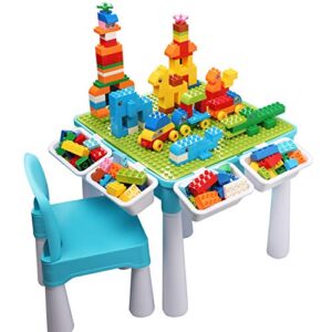 burgkidz kids 5-in-1 multi activity table set – building block table with storage – play table includes 1 chair and 130 pieces compatible large bricks building blocks for ages 2 and up (blue)