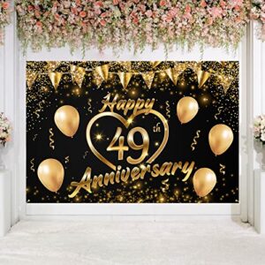 Happy 49th Anniversary Backdrop Banner Decor Black Gold – Glitter Love Heart Happy 49 Years Wedding Anniversary Party Theme Decorations for Women Men Supplies, 3.9 x 5.9 ft