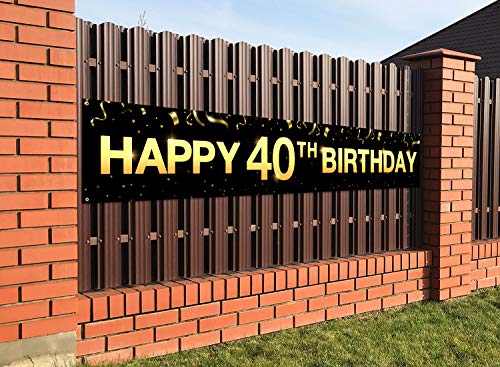 Greatingreat Large Cheers to 40 Years Banner, Black Gold 40 Anniversary Party Sign, 40th Happy Birthday Banner(9.8feet X 1.6feet)