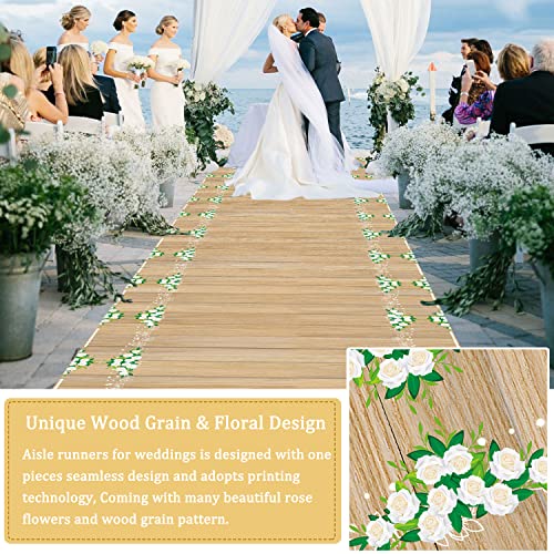 FANPROMS Wood Grain Aisle Runner for Wedding Ceremony 4FTx15FT Ployester Aisle Floor Runner Floral Carpet Runner with Carpet Tapes Rustic Aisle Runner Rug for Wedding Banquet Party Prom Runway