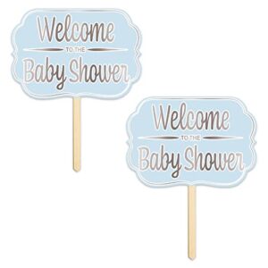 beistle welcome to the baby shower yard sign 2 piece it’s a boy party decorations, 24″ x 15″, light blue/silver