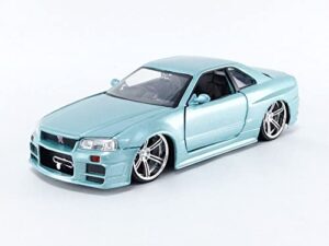 jada toys fast & furious 1:24 brian’s 2002 nissan skyline gt-r r34 blue green die-cast car, toys for kids and adults